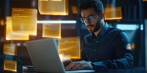 Wall Mural - Businessman working on a laptop, accessing files through a virtual screendocument management system concept.