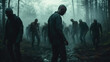 © Kanyanat - A horde of zombies emerging from a foggy forest, decayed flesh peeling from their bones, dark, hollow eyes glowing faintly, mist swirling around their feet.