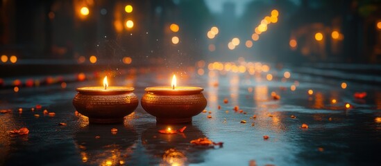 Wall Mural - Candles in the Rain: A moment of peace and reflection