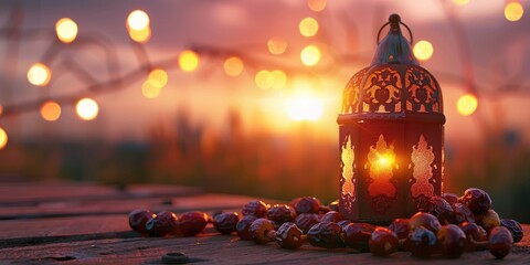 Lantern with wooden rosary beads and dates fruit for Eid and Ramadan greeting