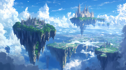 Wall Mural - An anime fantasy world with floating islands and a grand castle in the distance. Sky Castle. Illustration
