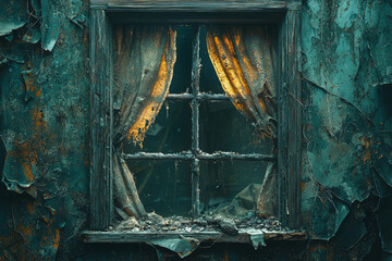 Wall Mural - a tattered, threadbare curtain hanging in a broken window. concept of inadequate living conditions.