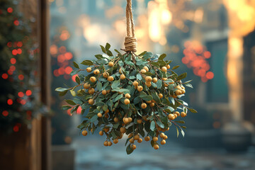 Wall Mural - A sprig of mistletoe hanging in a doorway, ready for a holiday kiss. Concept of romantic holiday traditions.