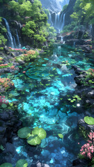 Wall Mural - Tranquil Waterfall and Pond in a Lush Forest.