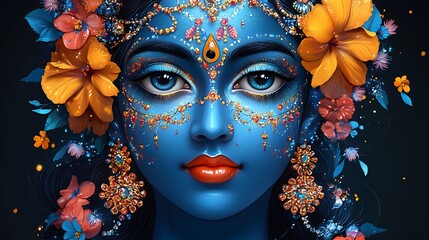 A close-up portrait of a Hindu deity with blue skin, adorned with flowers and jewels.