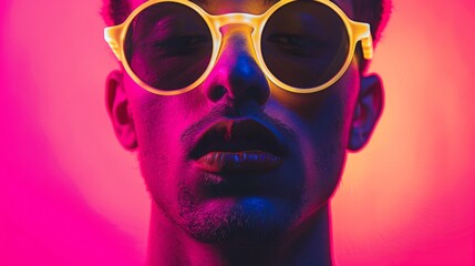 Sticker - portrait of a man with neon glasses on neon background