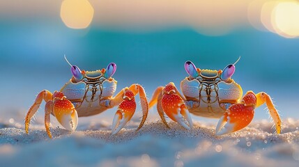 adorable pair of tiny crabs on sandy beach vibrant shell colors macro detail soft bokeh ocean background