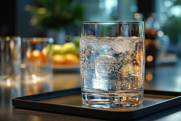 Sticker - A glass of sparkling water on a tray, ready to be served in a boardroom. Concept of hospitality in business.