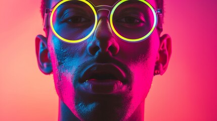 Wall Mural - portrait of a man with neon glasses on neon background