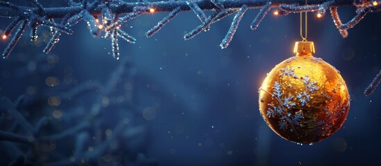 Festive golden Christmas ornament ball hanging amidst sparkling icy branches against a snowy blue background creating a cozy and elegant winter holiday mood and atmosphere