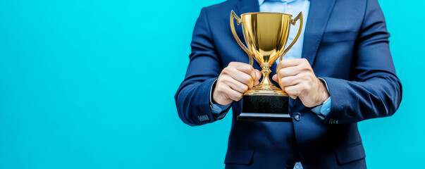 businessman or boss holding champion golden trophy for winner, success and achievement award in busi