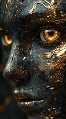 Wall Mural - A close-up of a futuristic humanoid face with metallic features.