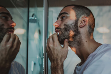 A man standing in front of mirror and trimming his beard with trimmer he is setting his chich hairs