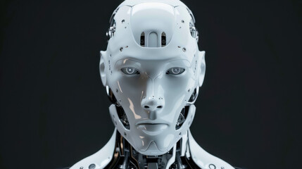 Poster - A robot with a white body and silver arms stands in front of a gray background