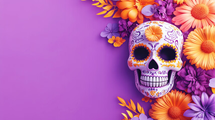 Wall Mural - Dia de los muertos festival celebration. Colorful, vibrant image of a calavera with orange and purple flowers. Traditional sugar skull with decoration background. Mexico tradition and culture.