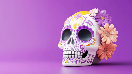 Wall Mural - Dia de los muertos festival celebration. Colorful, vibrant image of a calavera with orange and purple flowers. Traditional sugar skull with decoration background. Mexico tradition and culture.