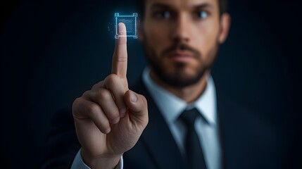 Businessman in Suit Tapping Unseen Interface with Raised Finger Plenty of White Space