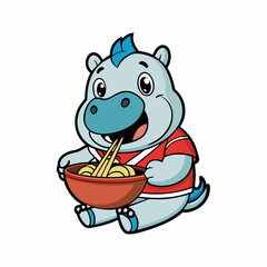 cute baby hippo eating ramen noodle with chopstick cartoon vector icon illustration animal food