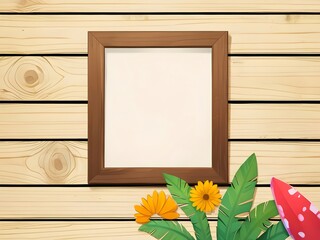 Canvas Print - Blank Frame on Wooden Wall with Summer Decorations