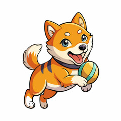 Wall Mural - a hand drawing, cute shiba inu dog playing rugby ball, on isolated background, vector illustration