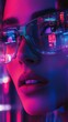 © cac_tus - Close-up portrait of a woman with neon lights, futuristic urban concept