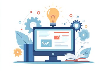 Wall Mural - creative innovation concept with computer screen and light bulb representing ideas and technology