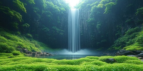 Tall Waterfall Plunging into a Lush Green Forest Pool