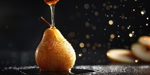 Canvas Print - Delicious Fruit Dessert Ripe Pear Drizzled with Honey on a Black Background