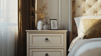 Close up of bedside cabinet near bed with beige bedding French country interior design of modern bedroom