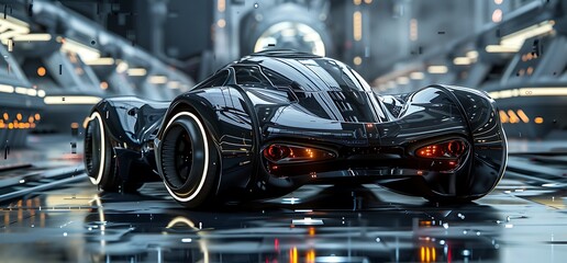 Wall Mural - Futuristic black vehicle showcased in a sleek, high-tech environment.