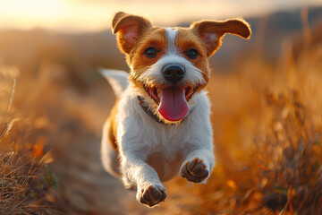 Wall Mural - The pure joy of a dog running through an open field, tongue out, full of life. Concept of animal joy and freedom.