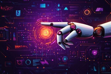 Wall Mural - A futuristic AI robot hand interacts with a glowing interface in a digital landscape, highlighting technology and innovation