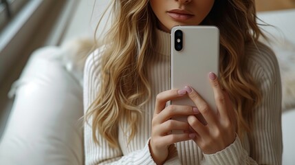 Woman using modern smartphone, closeup on hands and mobile, social media and communication concept.