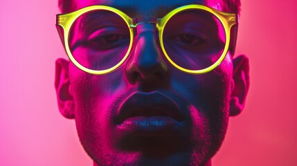 Sticker - portrait of a man with neon glasses on neon background