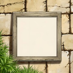 Wall Mural - Empty Wooden Frame on a Stone Wall