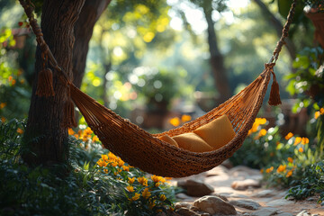 Poster - A hammock swaying gently between two trees in a quiet garden. Concept of relaxation and rhythmic motion.