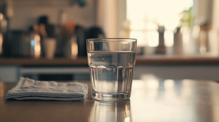 A glass of water on a kitchen table with a napkin beside it, capturing the morning sunlight through the window in a cozy kitchen scene.