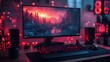 © Morng - A mesmerizing gaming setup with vibrant red lighting featuring a monitor displaying a stunning mountain landscape with speakers and keyboard.