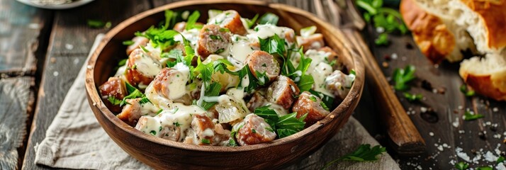 Poster - Sausage salad accompanied by sour cream and greens, presented with bread.