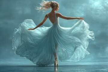 Poster - A ballet dancer spinning en pointe, the dress swirling around in a dynamic display of grace. Concept of artistic motion and elegance.