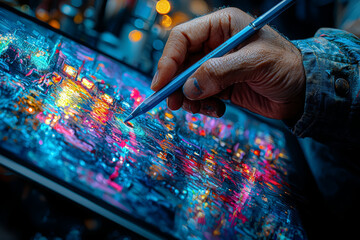 Canvas Print - An artist creating digital art on a tablet with stylus, demonstrating the use of technology in creative expression and digital artwork. Concept of digital art and creative technology.