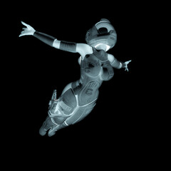 Poster - coolest astronaut girl is jumping in action with arms wide open in white background