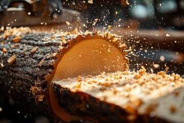 Close-up of Sawdust Flying from a Circular Saw Cutting a Log