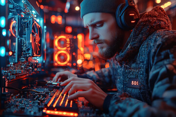 Canvas Print - A person assembling a high-performance PC with custom components, illustrating the hands-on aspect of building and configuring advanced computing systems.