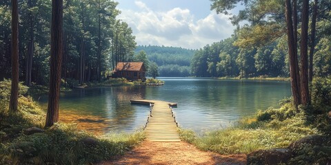 Poster - Wooden Cabin on a Secluded Lake Surrounded by Lush Green Trees