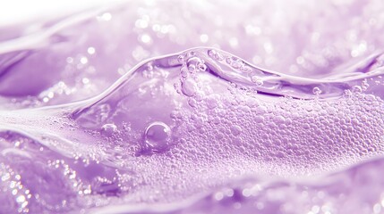 Clear purple cosmetic gel serum oil texture isolated on white background. Hyaluronic acid skincare product with bubbles macro.
