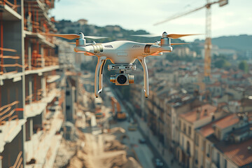 Wall Mural - A drone equipped with a camera flying over a construction site, capturing aerial views for project monitoring and site analysis. Concept of drone technology and construction.