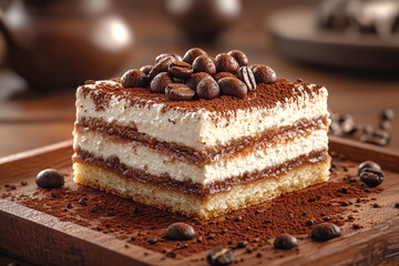 Poster - A decadent tiramisu with layers of espresso-soaked ladyfingers and mascarpone cream, emphasizing the indulgent and sophisticated qualities of Italian desserts.