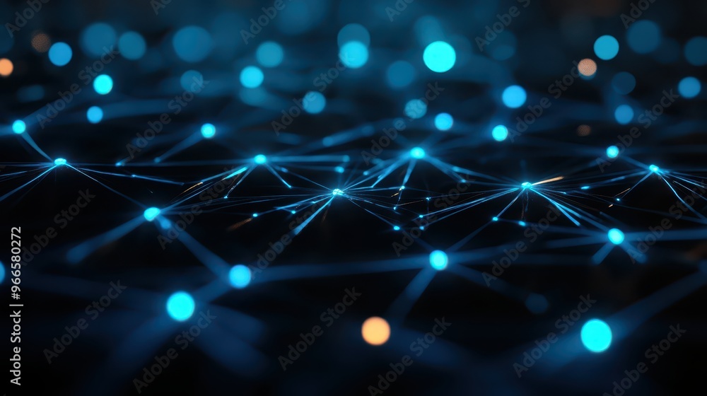 Abstract digital network with blue glowing nodes and connections ...