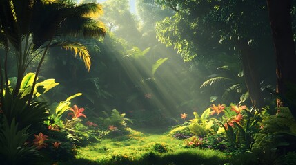 Poster - view Sunbeams Through Tropical Rainforest